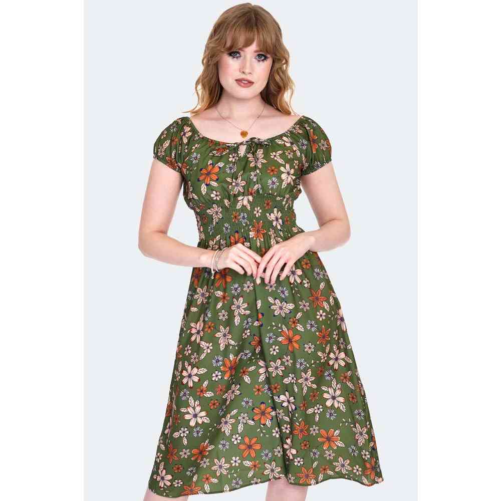 Voodoo Vixen - Floral Short Sleeve Flare jurk - Olijfgroen